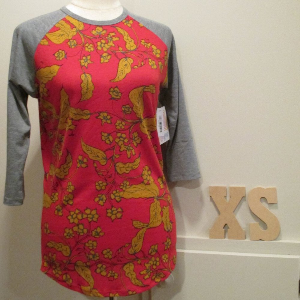 NWT LuLaRoe Randy baseball T, XS, gray sleeves, red and mustard body